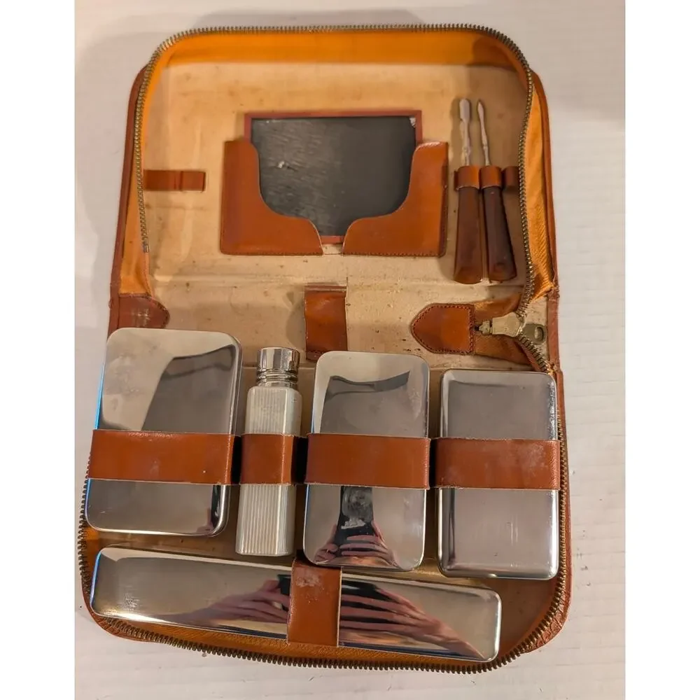 Vtg German Leather Toiletry Kit Art Deco Grooming Set Fuller After Shave